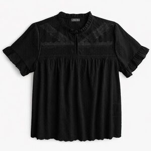 point sur Black Cotton Top Inset Lace Swiss Dot Embroidered Ruffle Sleeve Sz XXL